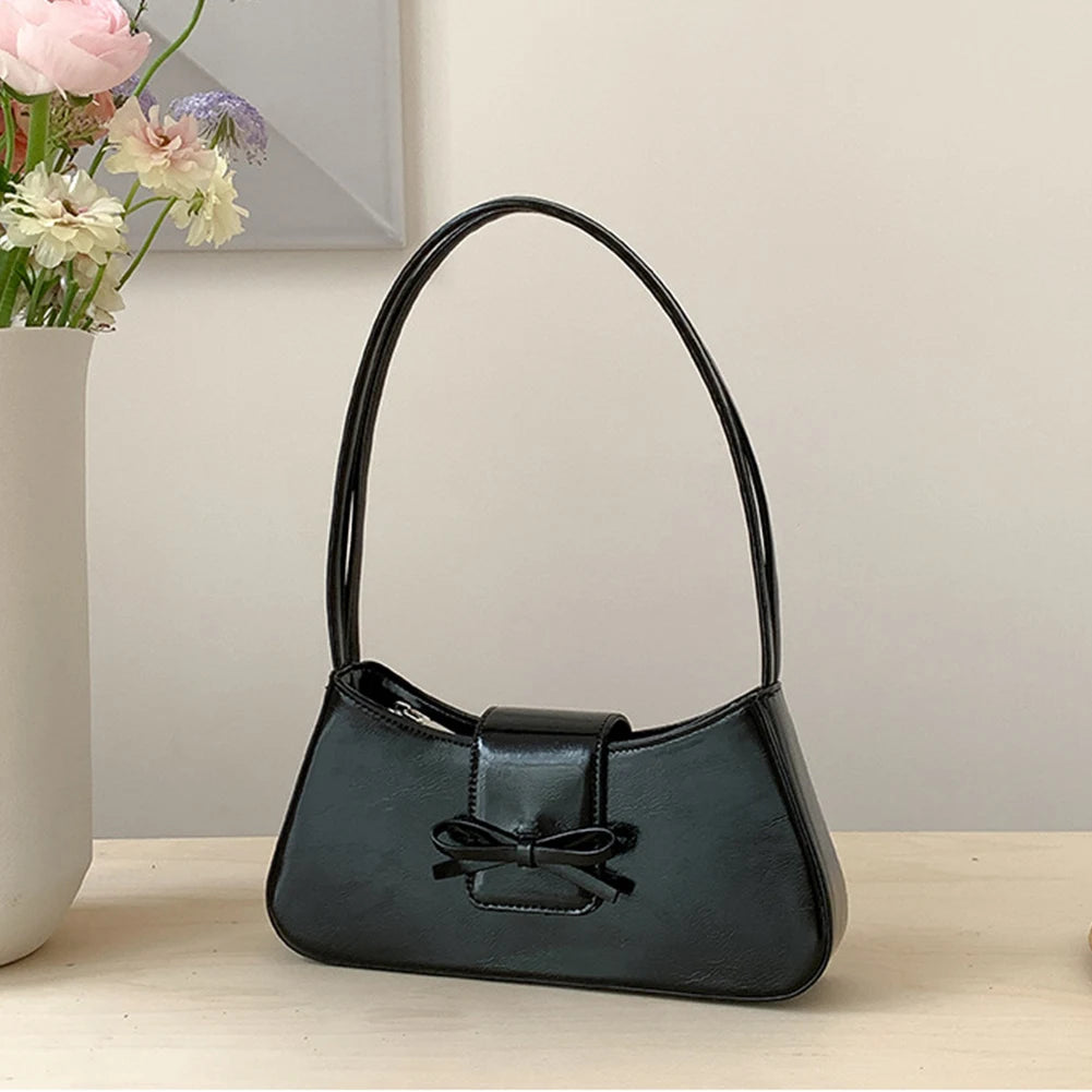 Sweet Bow Shoulder Bag with Zipper Closure Fashion Handbag Retro Everyday Purse Trendy Underarm Bag for Women and Girls