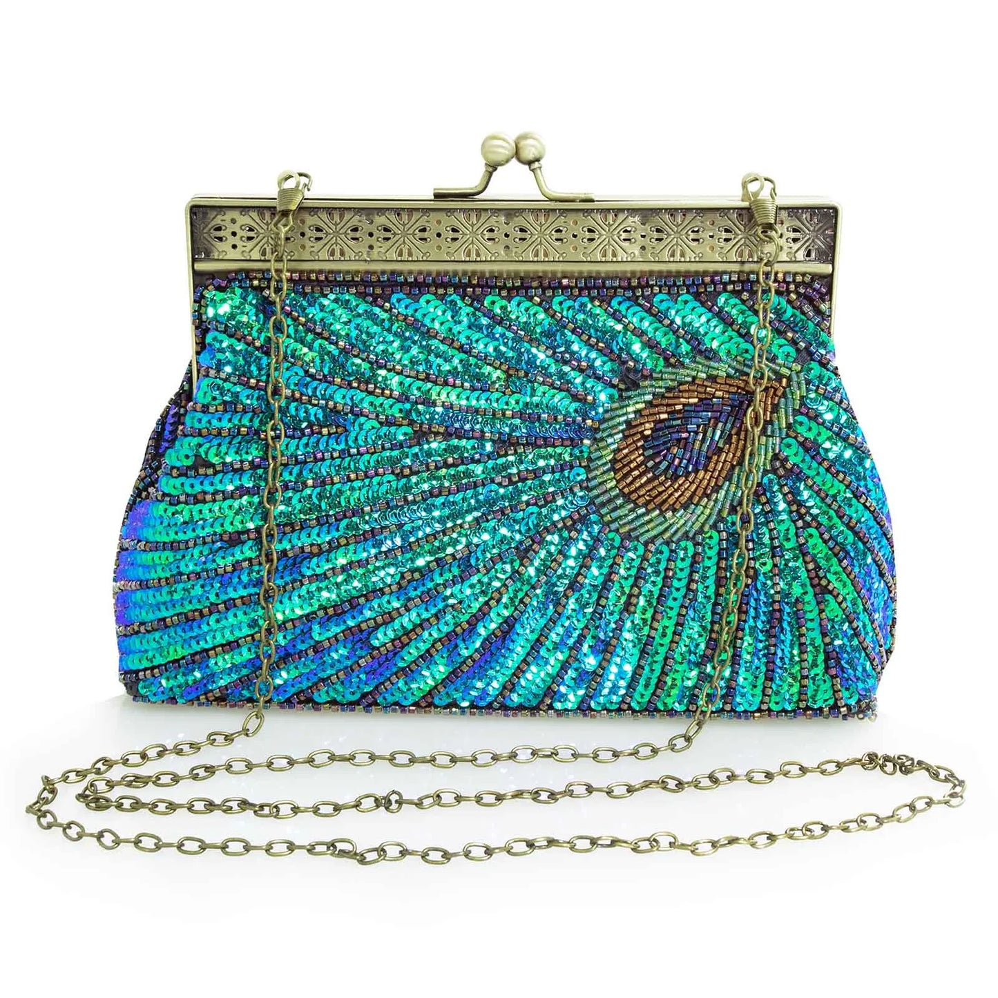 Peacock Green Evening Bag Glitter Gradient Sequins Beading Handbag Women Fashion Oval Party Dressed Purse Bridal Wedding Clutch