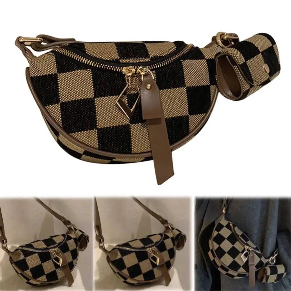 Women Men Canvas Shoulder Bag Adjustable Strap Fanny Pack Checkerboard Sling Bag with Zipper Chest Bag for Shopping Travel
