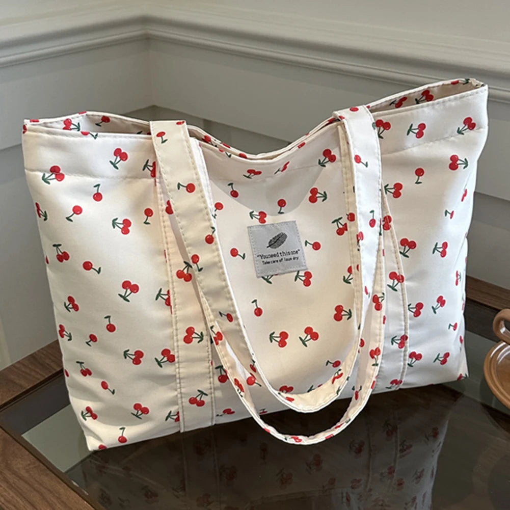 Cute Cherry Strawberry Print Casual Tote Bag Large Capacity Shoulder Purse Nylon Top Handle Bag Grocery Bag for Women