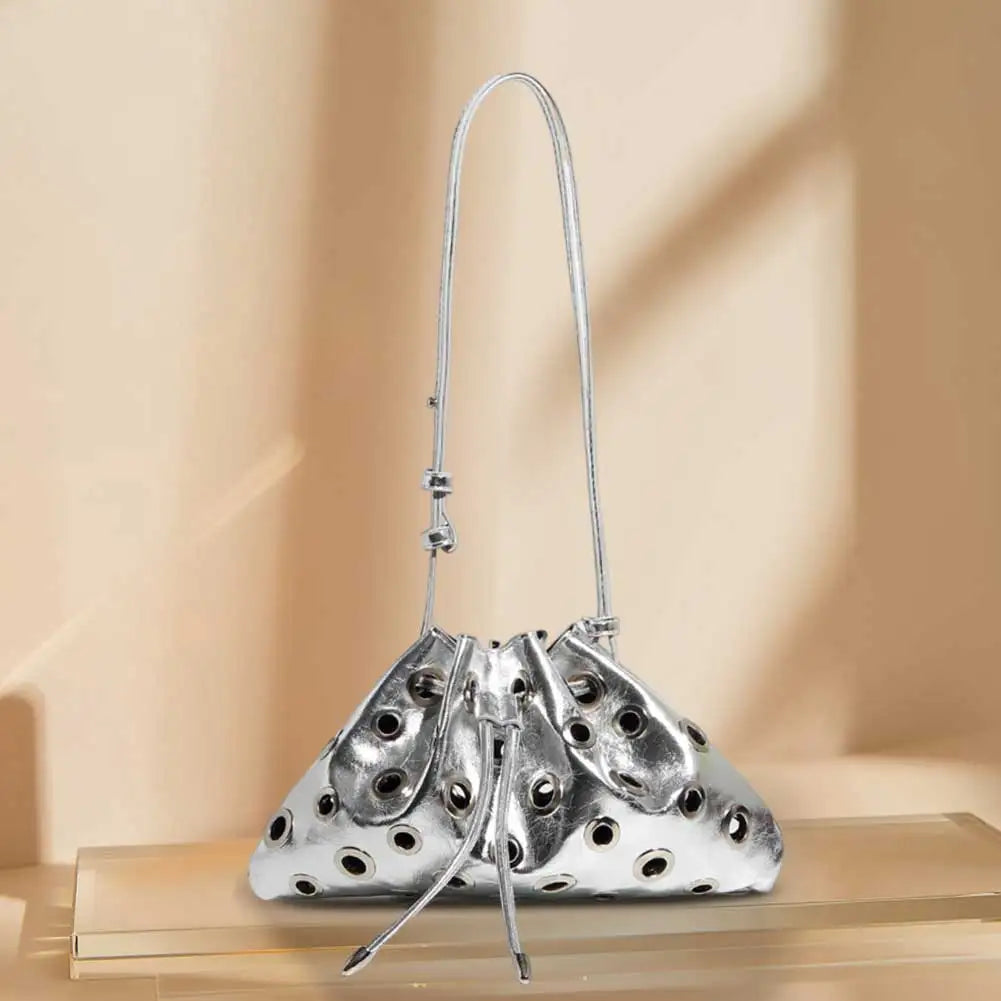 Women Metal Stud Y2k Shoulder Bag Large Capacity Retro Hollow Handbag PU Leather Trendy Rivet Sling Bag Work Date Travel Bag
