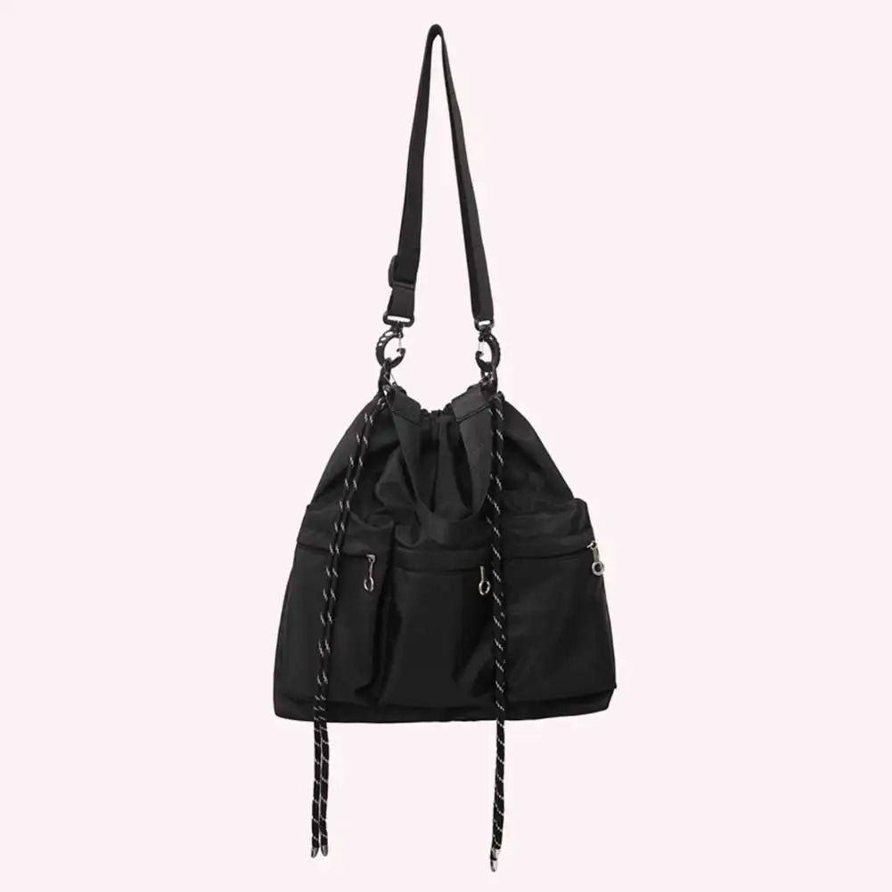 Unisex Simple Shoulder Bags Oxford Cloth Drawstring Black Shopping Bag Multi-pocket Lage Capacity Versatile Outdoor Daily Bag
