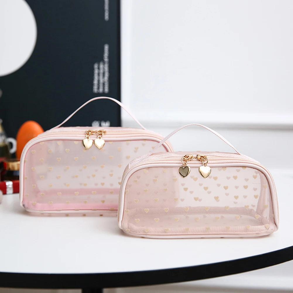 Heart Print Mesh Makeup Bags Zipper Women Mesh Cosmetic Bags Makeup Pouches Bags Items Storage Bags Travel Cosmetic Accessories