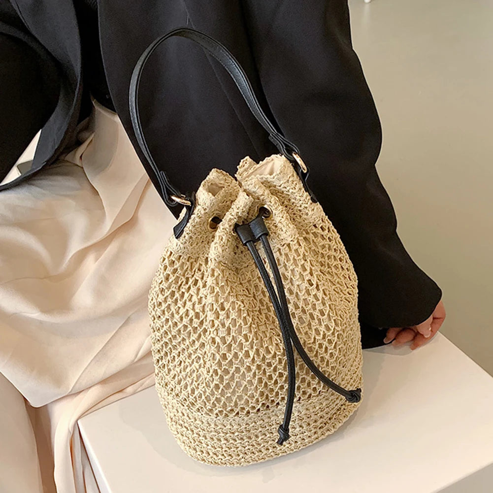 Summer Shoulder Bag Drawstring Straw Beach Crossbody Bags Adjustable Strap Fashion Casual Portable Elegant for Weekend Vacation