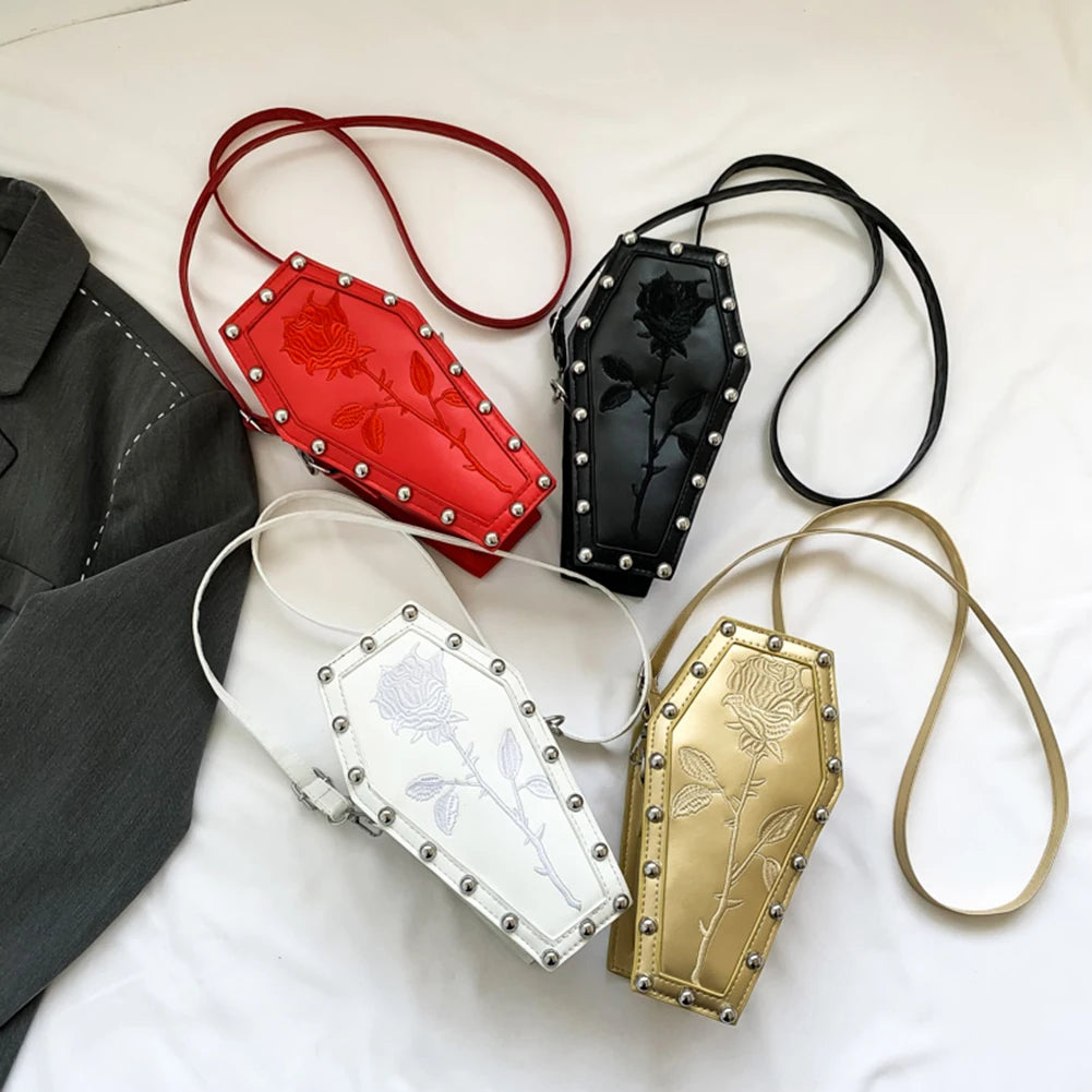 Tote Bag Women Crossbody Bag Halloween PU Shoulder Bag Coffin Shape Embroidery Underarm Bag Phone Bag for Office Travel