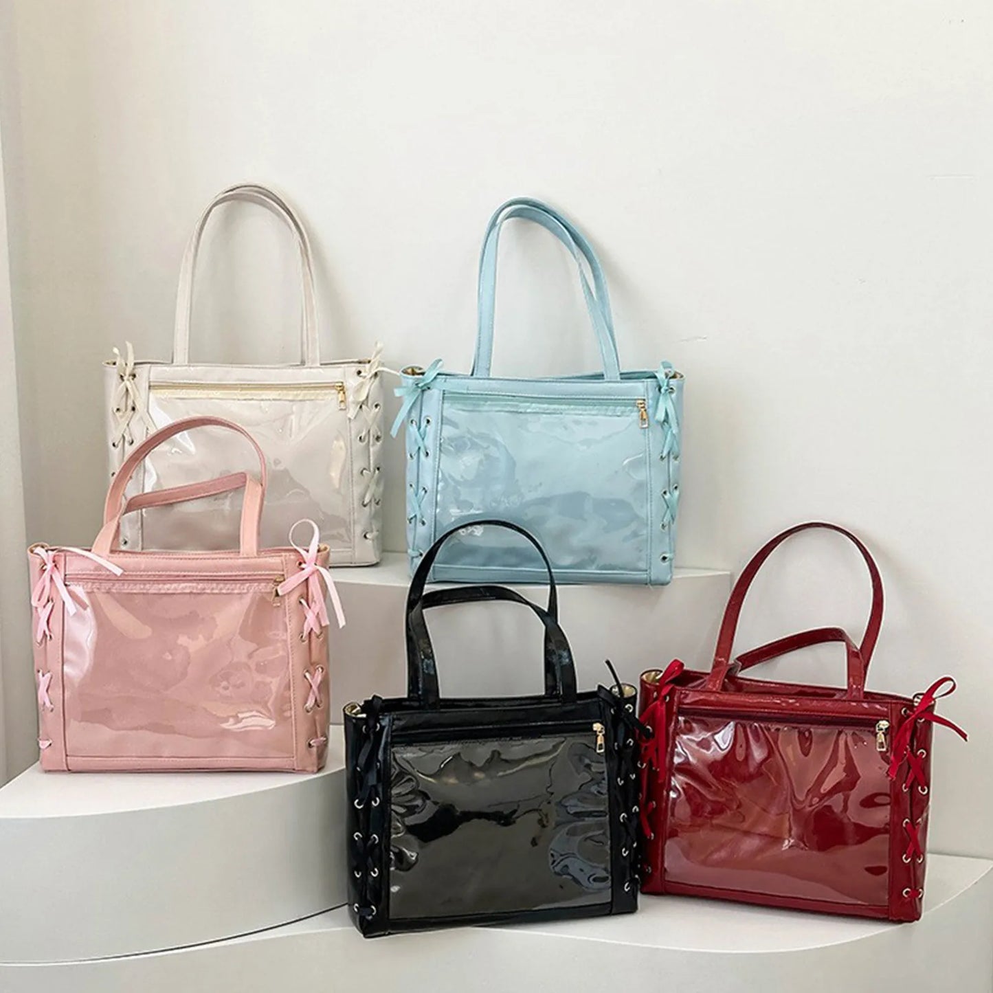 Japanese Kawaii Girls Itabag Large Capacity Pu Leather Shoulder Bag 2025 Bow Ribbon Lolita Jk Handbags Transparent Y2k Handbags