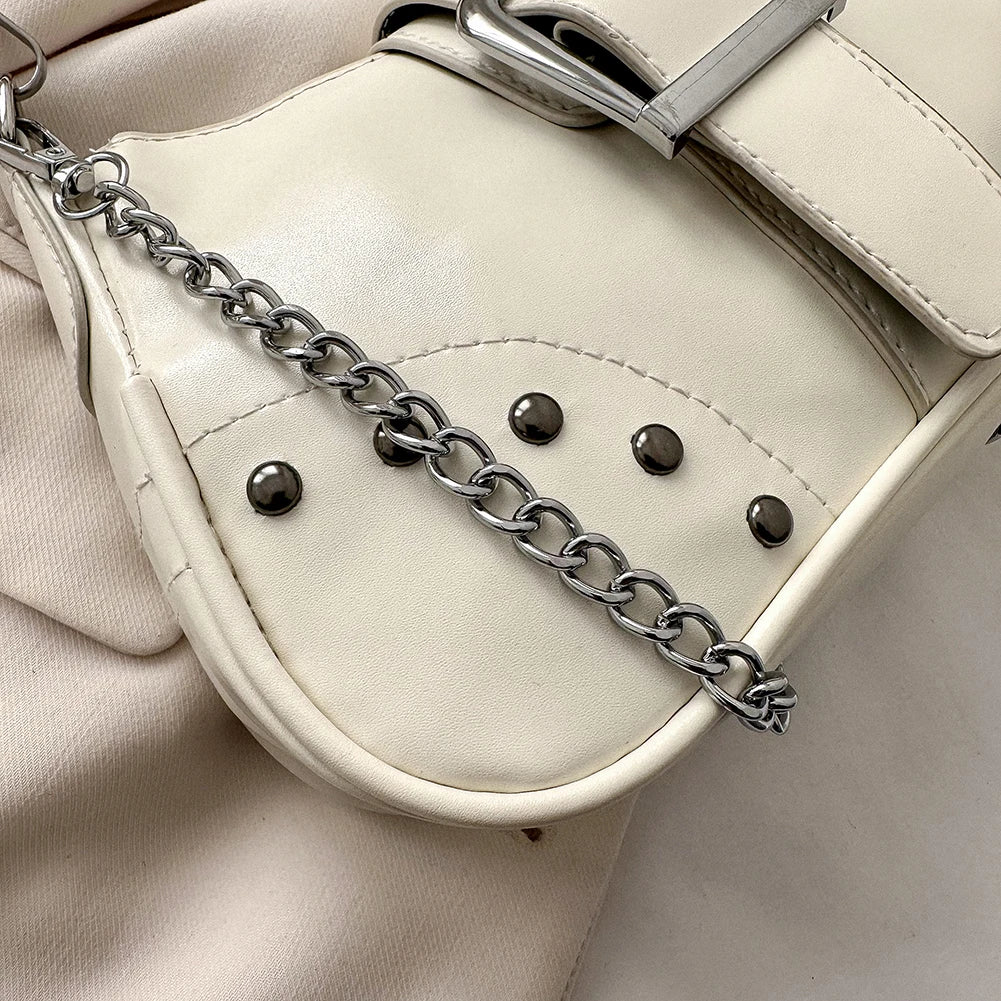 Women Armpit Bag Fashion Cool Style Crescent Bag Solid Color for Lady Girl Chic Large Bag with Chain Ornament