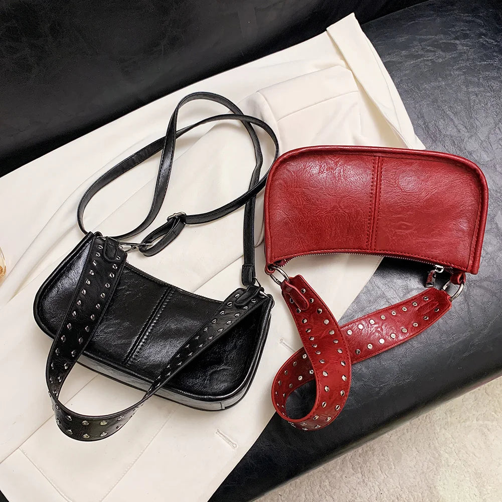 Women Underarm Satchel Bag Studded Decor Crossbody Bag Fashion PU Leather Retro Shoulder Bags Adjustable Strap Daily Handbag