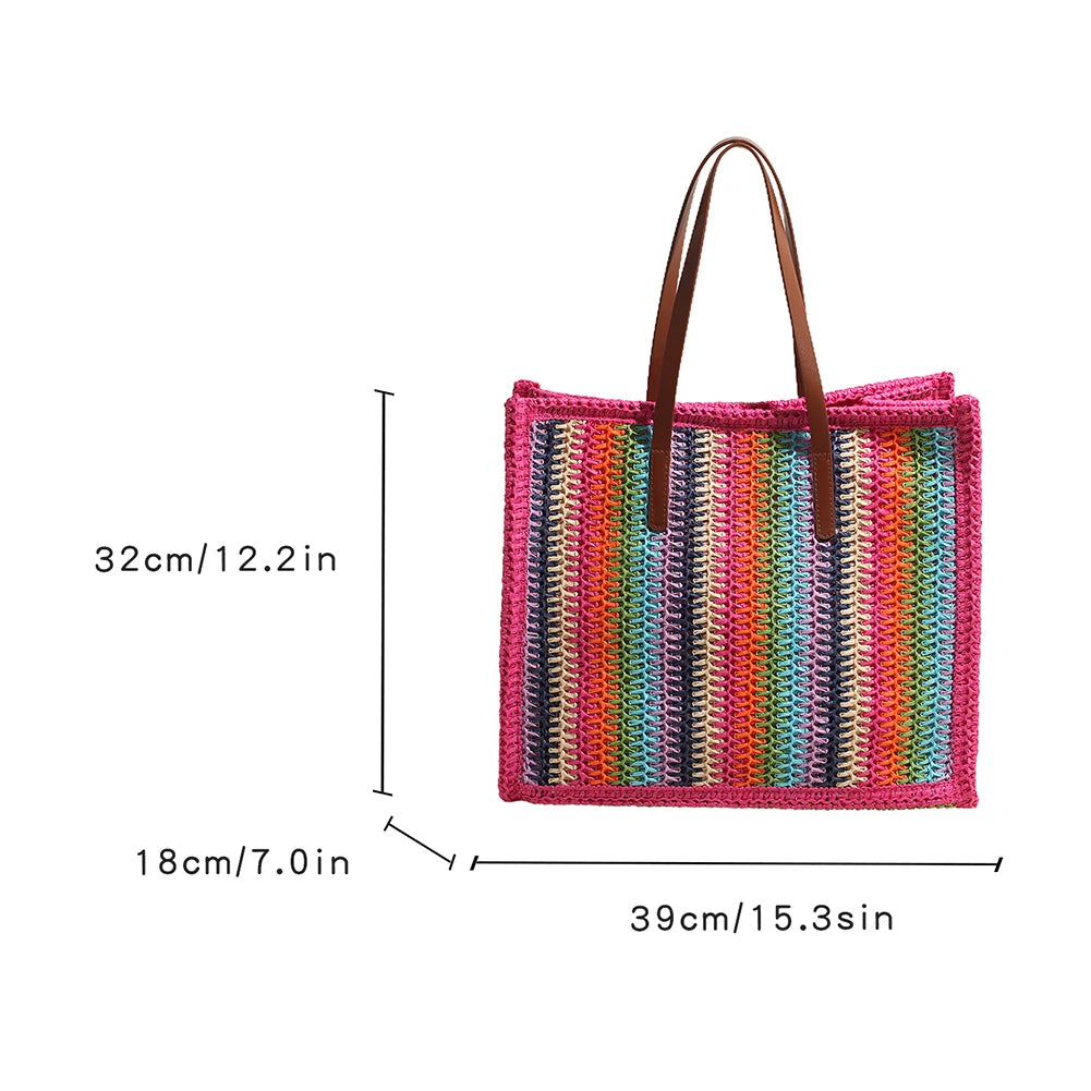 Women Striped Woven Tote Rainbow Straw Shoulder Bag Large Capacity Hand-Woven Tote Bag Straw Woven Handbag Outdoor Travel Bag