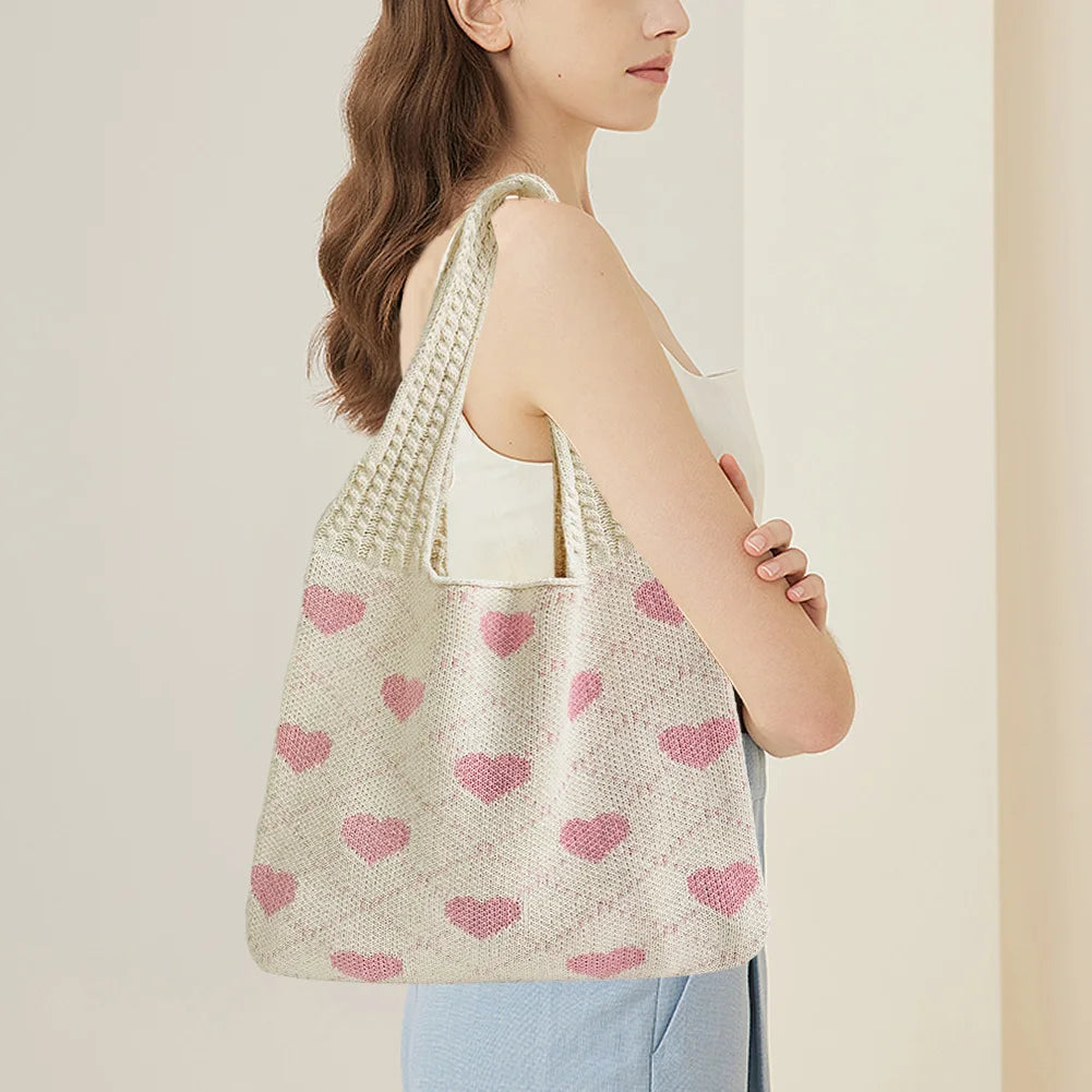 Summer Beach Bag for Women Heart Pattern Handbag Large Capacity Shoulder Bag Tote Bag for Vacation Travel