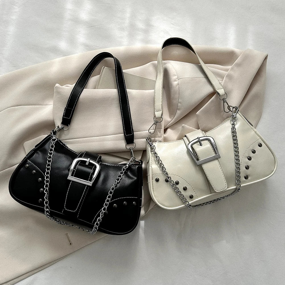 Women Armpit Bag Fashion Cool Style Crescent Bag Solid Color for Lady Girl Chic Large Bag with Chain Ornament