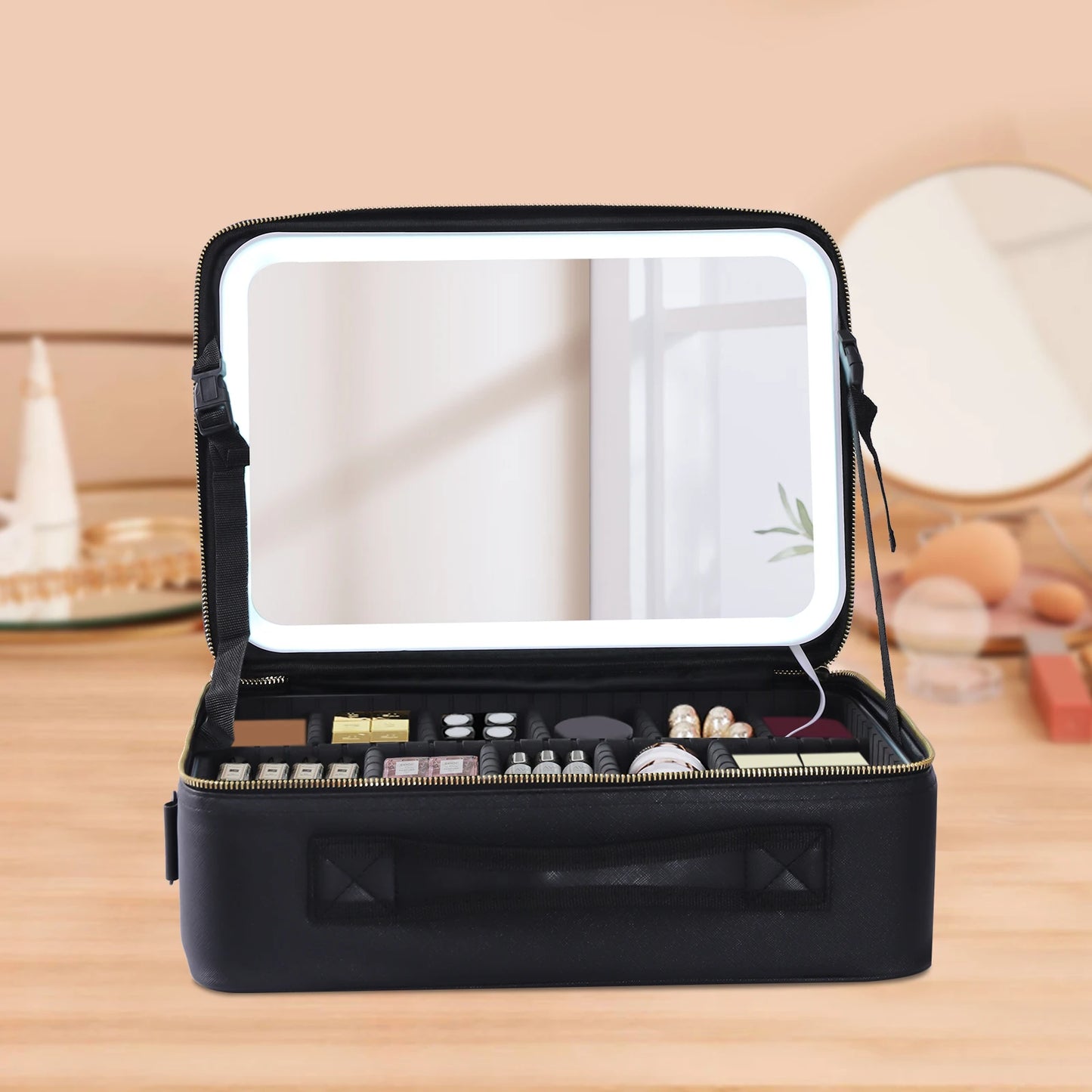 Black/Pink Large Smart LED Cosmetic Case with Mirror - Portable Travel Makeup Bag