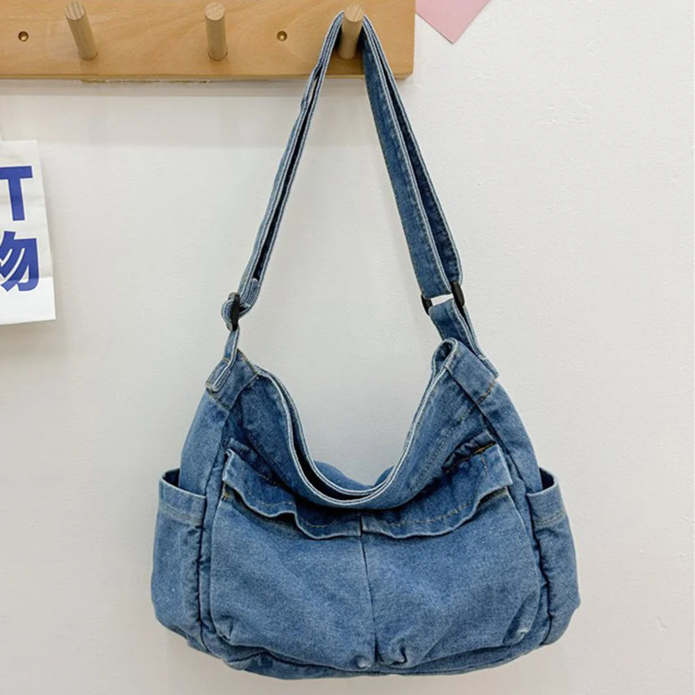 Women Stylish Crossbody Bag Large Capacity Denim Daily Tote Bag Adjustable Strap Trendy Carrying Bag Multifunction Chic Hobo Bag