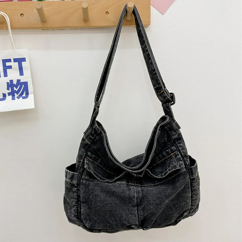 Women Stylish Crossbody Bag Large Capacity Denim Daily Tote Bag Adjustable Strap Trendy Carrying Bag Multifunction Chic Hobo Bag
