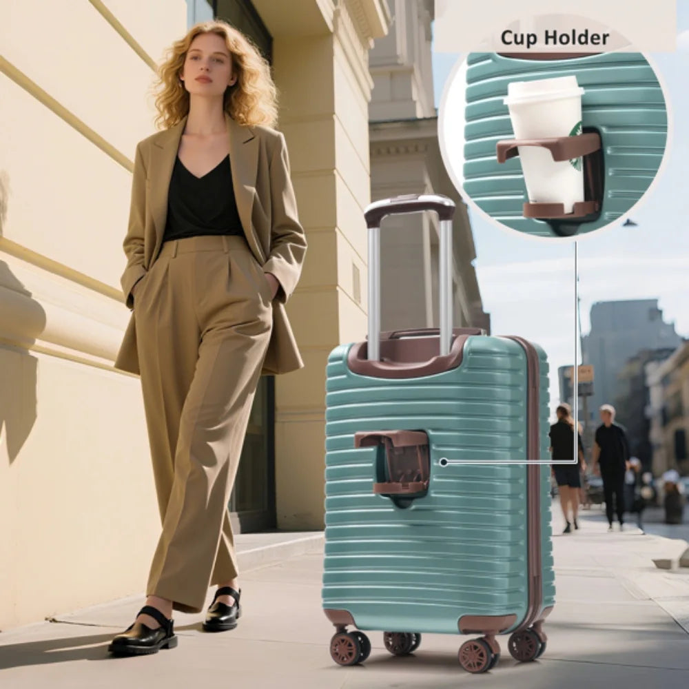 360° Spinner Wheels Hardshell Luggage Set with TSA Lock Durable Travel Suitcases with Cup Holder Storage Bags