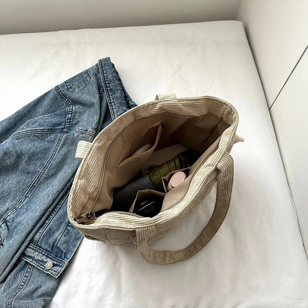 Women Corduroy Hobo Bag Large Capacity Casual Shoulder Tote Handbag Outer Pocket Satchel Bag Lightweight Shopping Bag