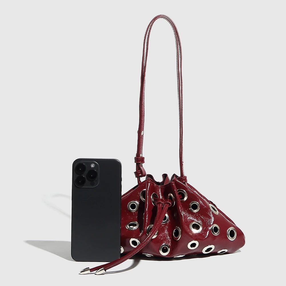 Women Metal Stud Y2k Shoulder Bag Large Capacity Retro Hollow Handbag PU Leather Trendy Rivet Sling Bag Work Date Travel Bag