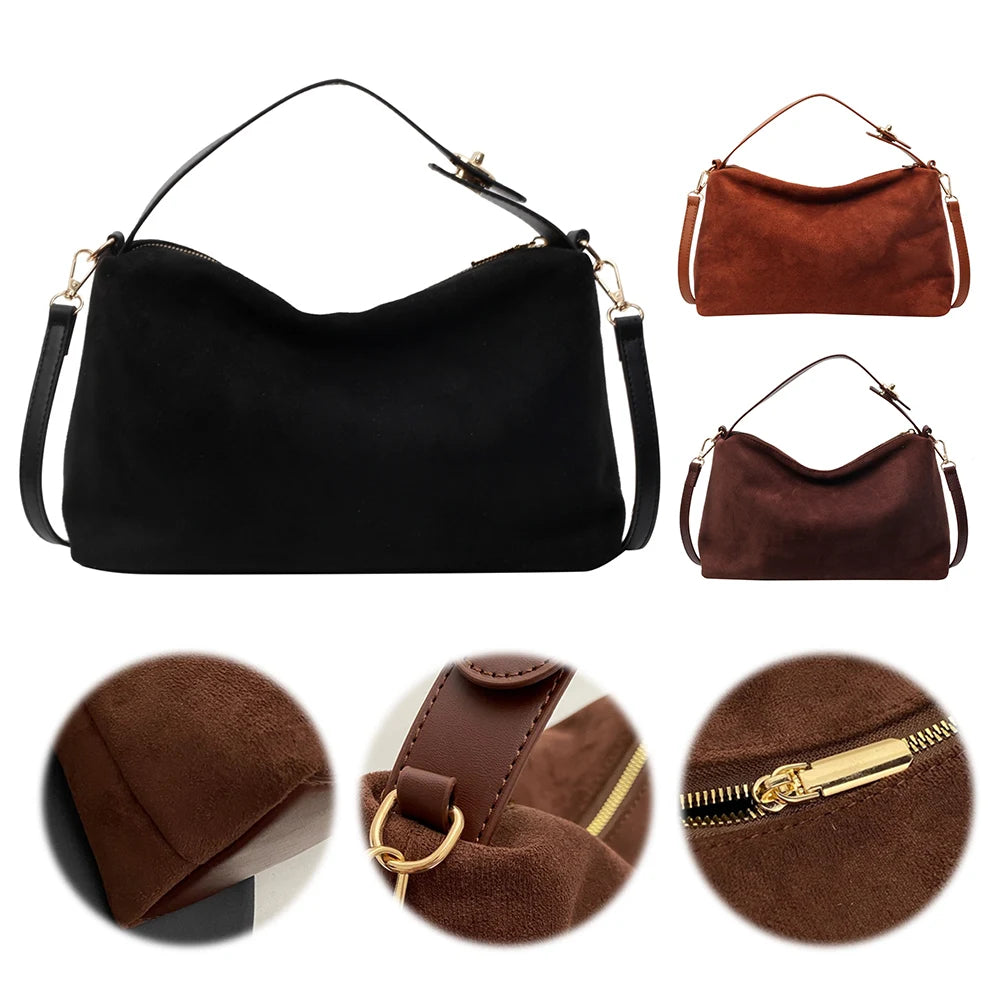 Women Suede Shoulder Bag Adjustable Strap Crossbody Bag With Inner Pocket Satchel Purse Zipper Clutch Purse for Work Travel