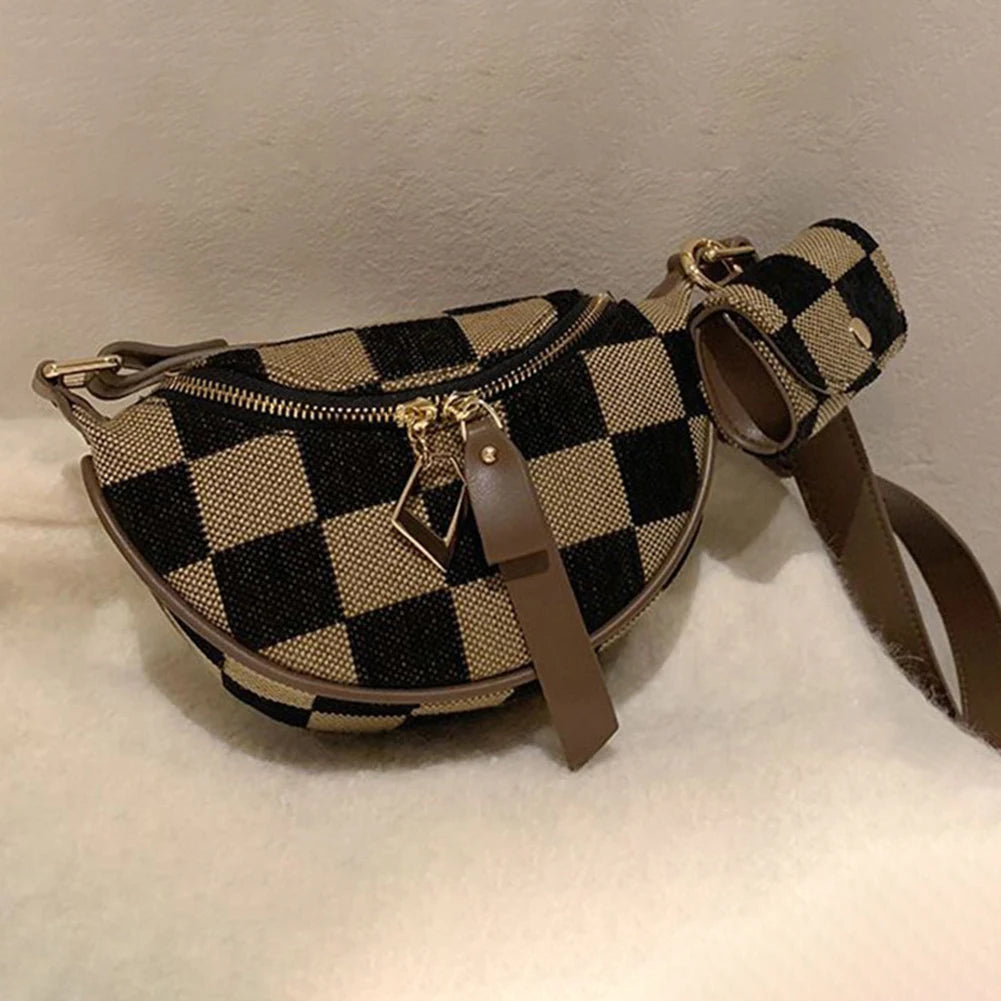 Women Men Canvas Shoulder Bag Adjustable Strap Fanny Pack Checkerboard Sling Bag with Zipper Chest Bag for Shopping Travel