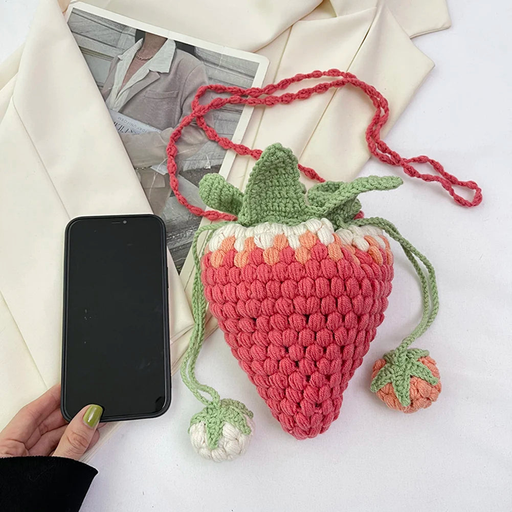 Women Kawaii Tote Handbag Versatile Strawberry Crossbody Bag Casual Woven Satchel Bag DIY Cartoon Crochet Bucket Purse