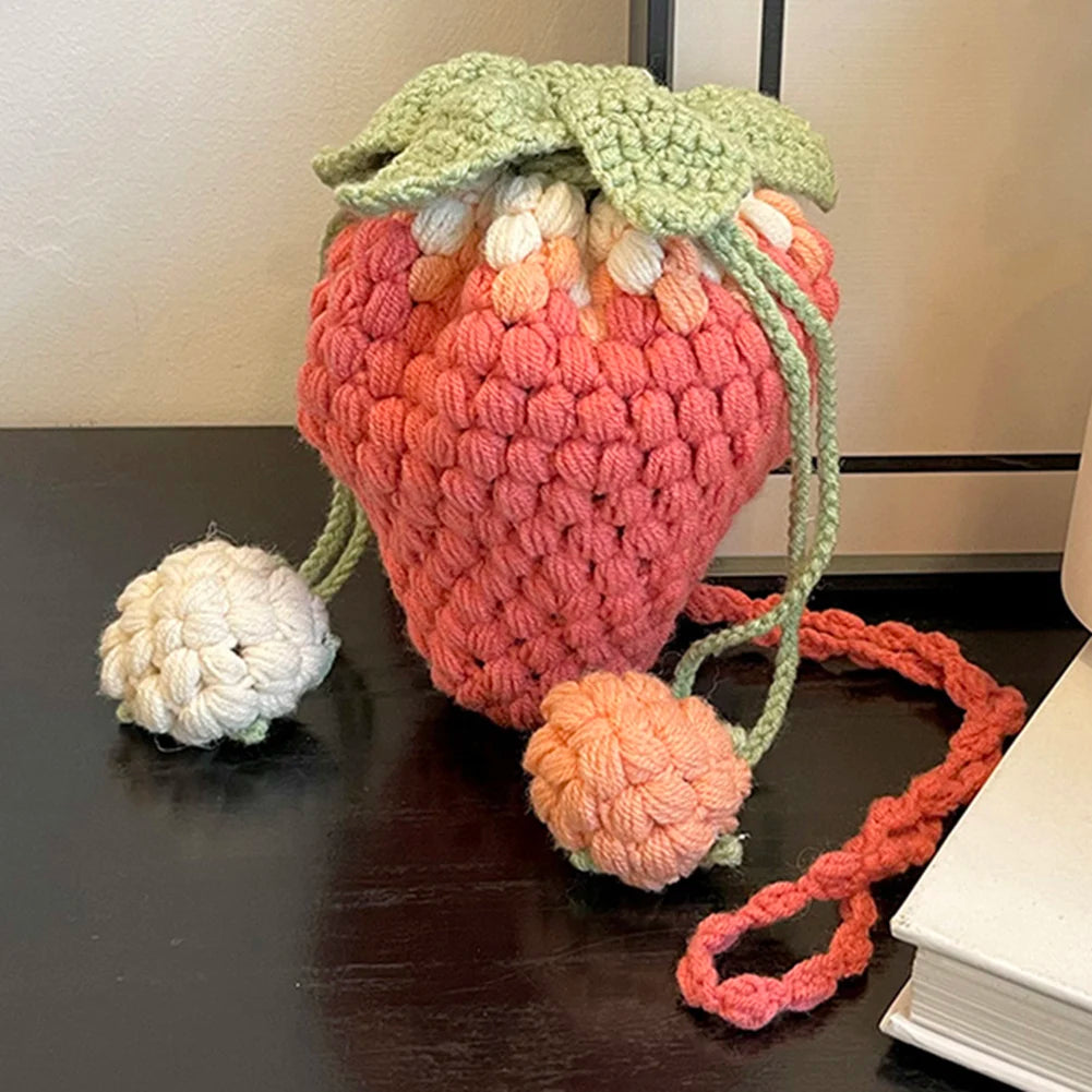 Women Kawaii Tote Handbag Versatile Strawberry Crossbody Bag Casual Woven Satchel Bag DIY Cartoon Crochet Bucket Purse
