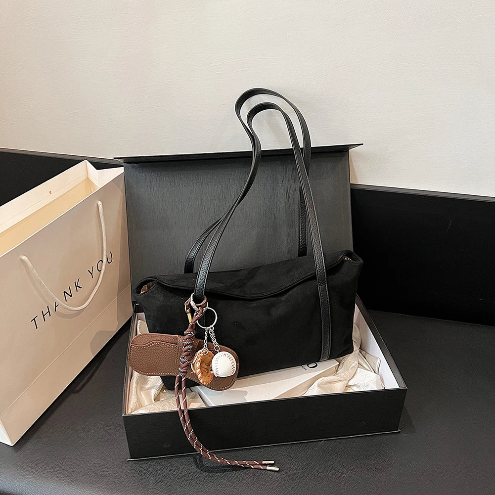 Women Suede Shoulder Bag Large Capacity Flap Underarm Bag Solid Retro Handbag Clutch Purse for Work Travel