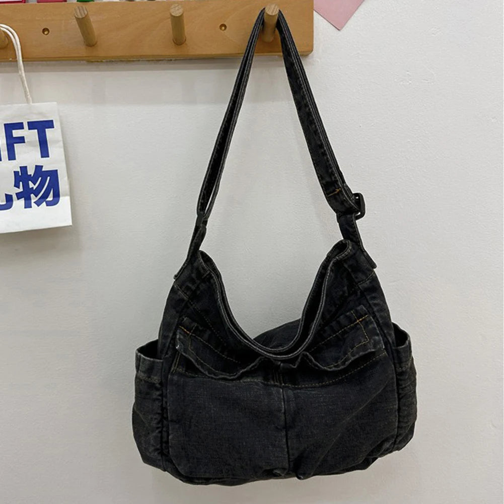 Women Stylish Crossbody Bag Large Capacity Denim Daily Tote Bag Adjustable Strap Trendy Carrying Bag Multifunction Chic Hobo Bag