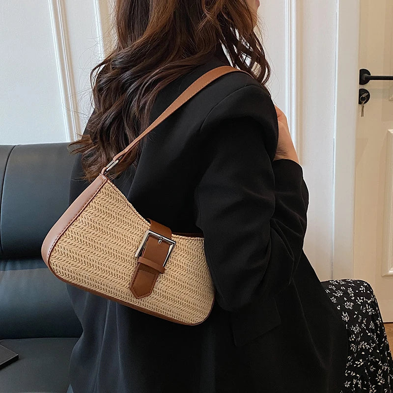 Women Straw Woven Bag Fashion Woven Handbag Large Capacity Weaving Shoulder Purse Handwoven Straw Bag Summer Beach Bag