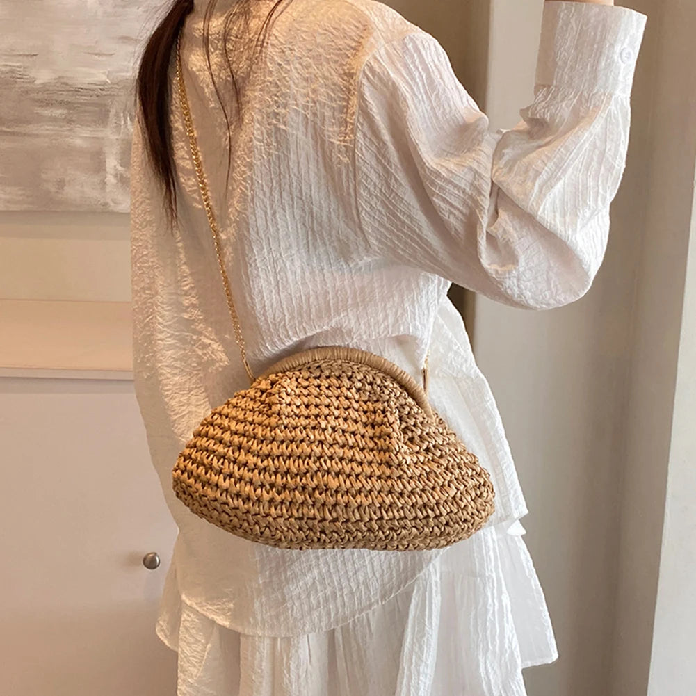 Women Straw Woven Bag Handmade Fashion Shoulder Bag Large Capacity Stylish Crossbody Bag Solid Color for Party Vacation