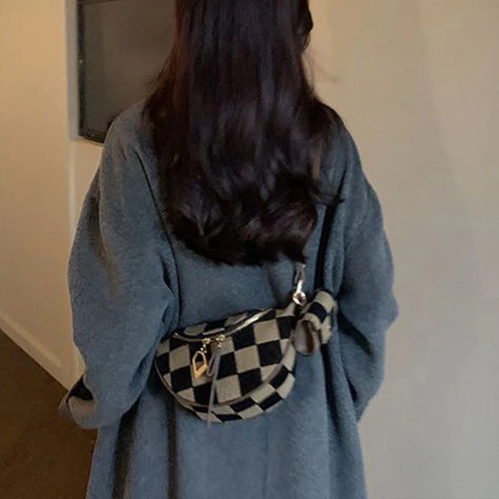 Women Men Canvas Shoulder Bag Adjustable Strap Fanny Pack Checkerboard Sling Bag with Zipper Chest Bag for Shopping Travel