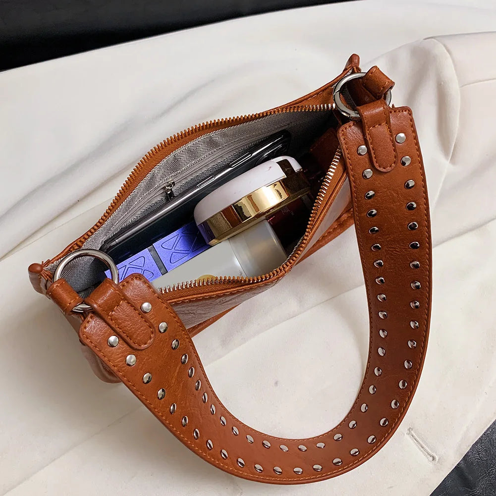 Women Underarm Satchel Bag Studded Decor Crossbody Bag Fashion PU Leather Retro Shoulder Bags Adjustable Strap Daily Handbag
