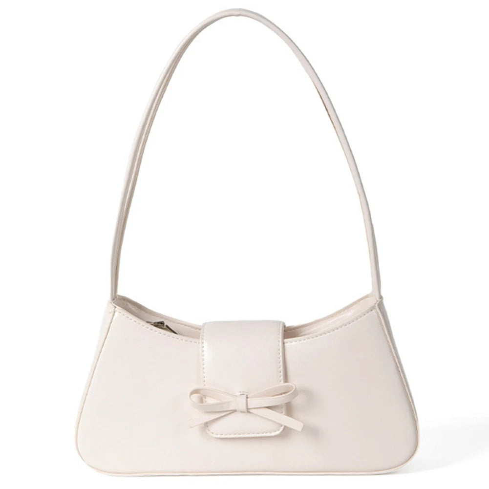 Sweet Bow Shoulder Bag with Zipper Closure Fashion Handbag Retro Everyday Purse Trendy Underarm Bag for Women and Girls