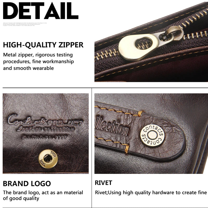 CONTACT'S 100% Genuine Leather RFID Men Wallet Zipper Retro Coin Purse Male Bifold Card Holder Wallet