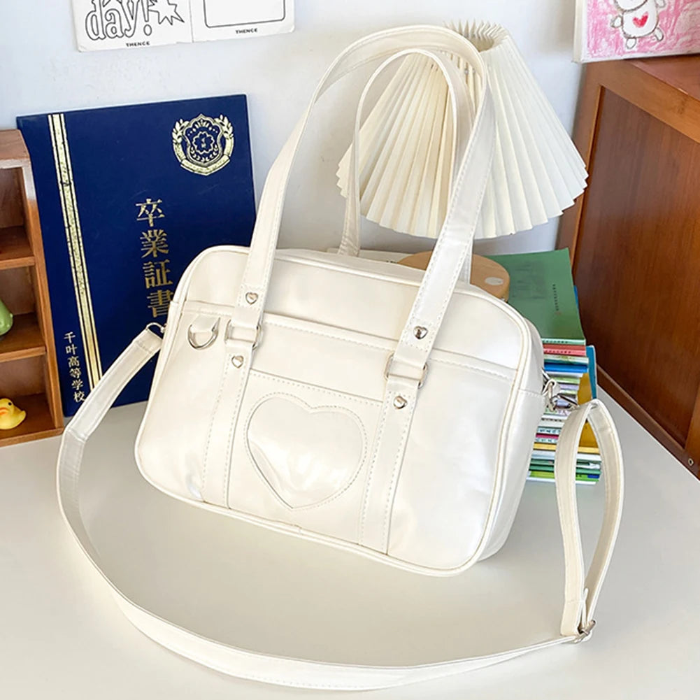 Women Anime Crossbody Bag Transparent Love Heart PU Japanese School Bag Adjustable Strap Shoulder Uniform Bag Chic Commuting Bag