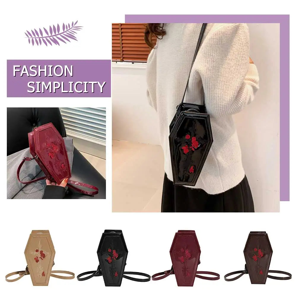 Women Coffin Satchel Purse Cartoon Gothic Crossbody Bag Versatile Rose Crossbody Pouch Y2K Cellphone Bag Halloween Purse