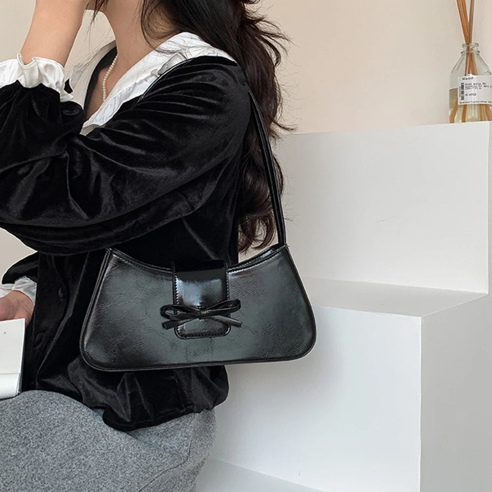 Sweet Bow Shoulder Bag with Zipper Closure Fashion Handbag Retro Everyday Purse Trendy Underarm Bag for Women and Girls