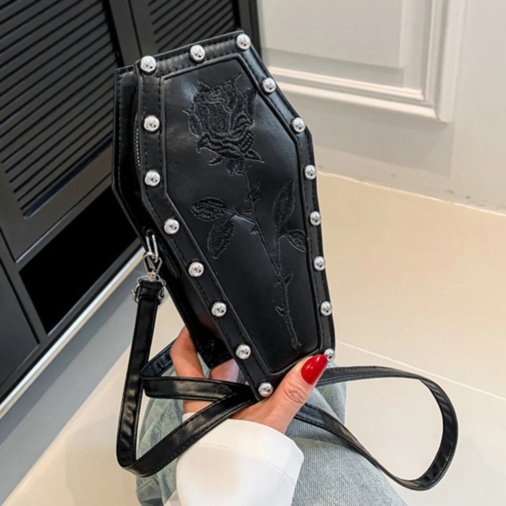 Tote Bag Women Crossbody Bag Halloween PU Shoulder Bag Coffin Shape Embroidery Underarm Bag Phone Bag for Office Travel