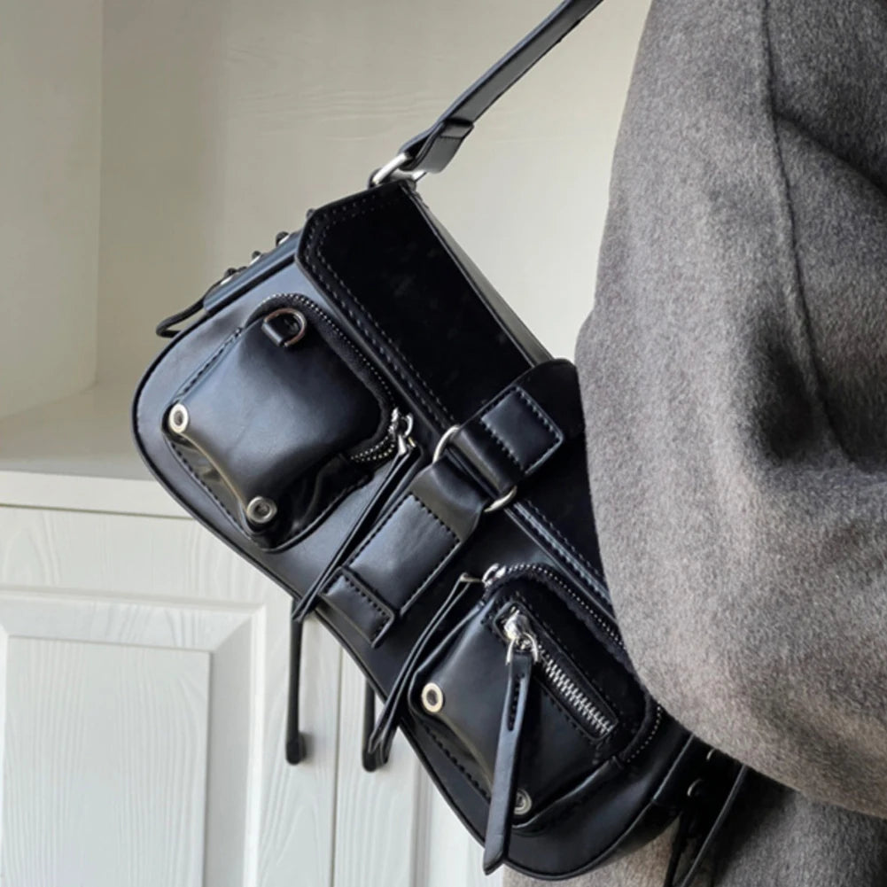 Women Punk Shoulder Bag PU Leather Retro Hobo Bag Multipocket Y2K Adjustable Strap Female Commute Daily Bag
