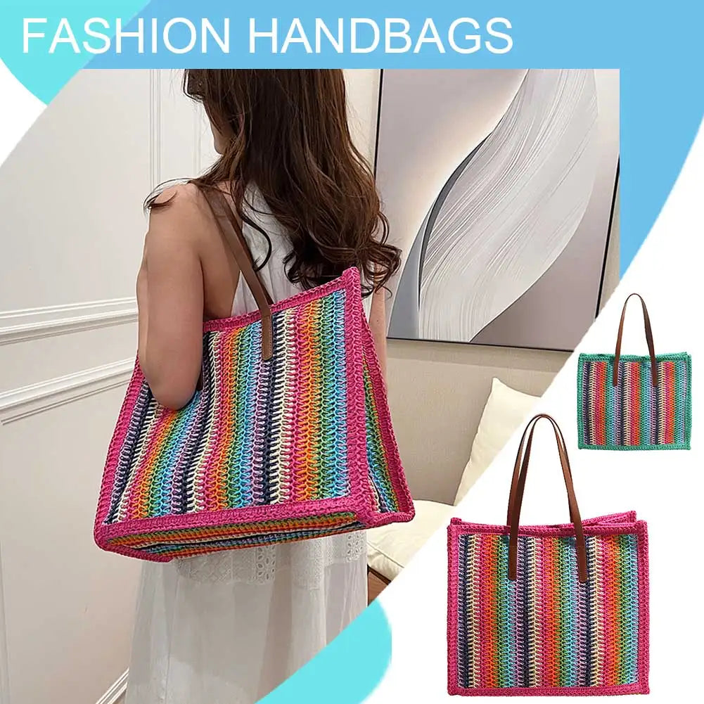 Women Striped Woven Tote Rainbow Straw Shoulder Bag Large Capacity Hand-Woven Tote Bag Straw Woven Handbag Outdoor Travel Bag