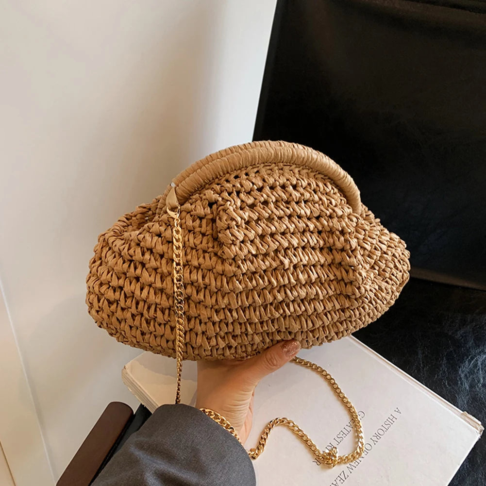 Women Straw Woven Bag Handmade Fashion Shoulder Bag Large Capacity Stylish Crossbody Bag Solid Color for Party Vacation