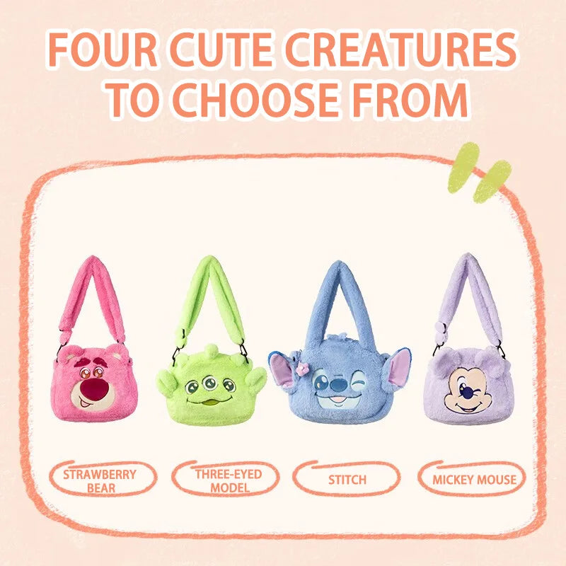 MINISO Disney Fury Season Series Mickey Tote Bag for Girls Crossover Portable Plush Shoulder Bag Cute Anime Cartoon Gift