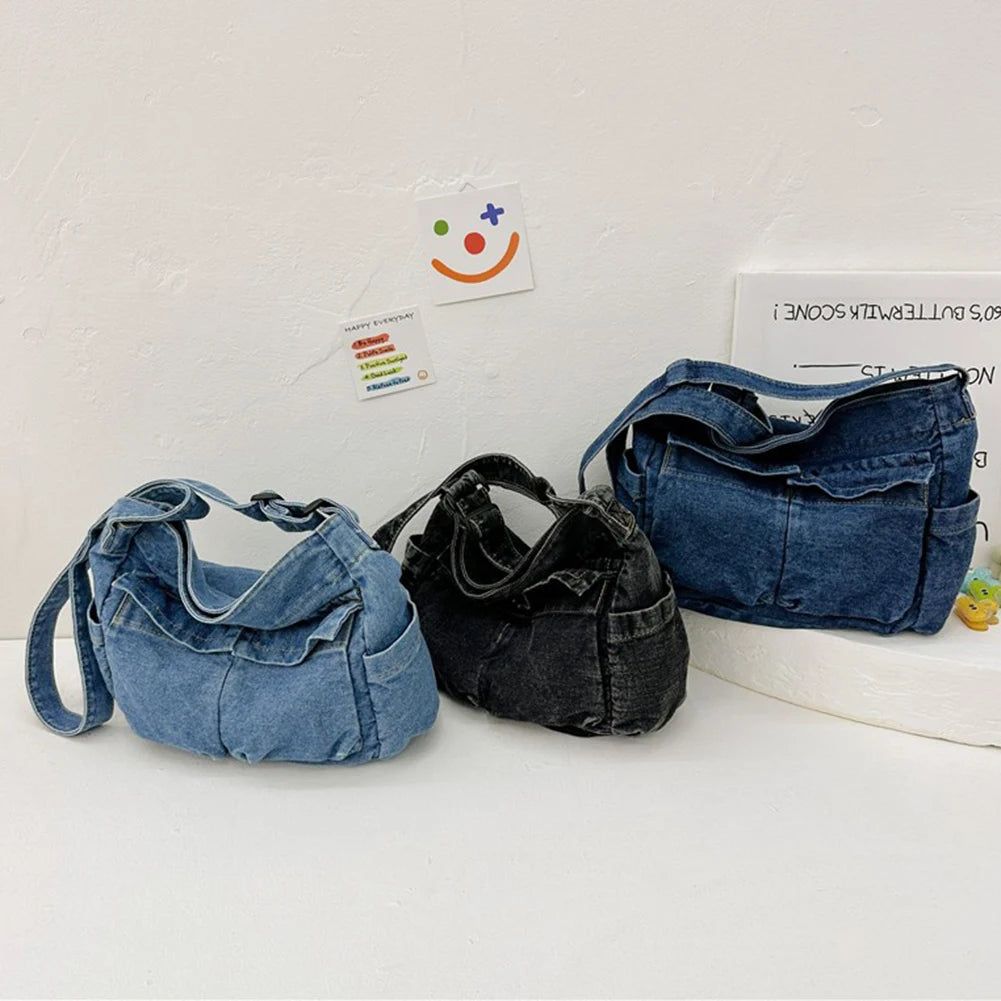 Women Stylish Crossbody Bag Large Capacity Denim Daily Tote Bag Adjustable Strap Trendy Carrying Bag Multifunction Chic Hobo Bag