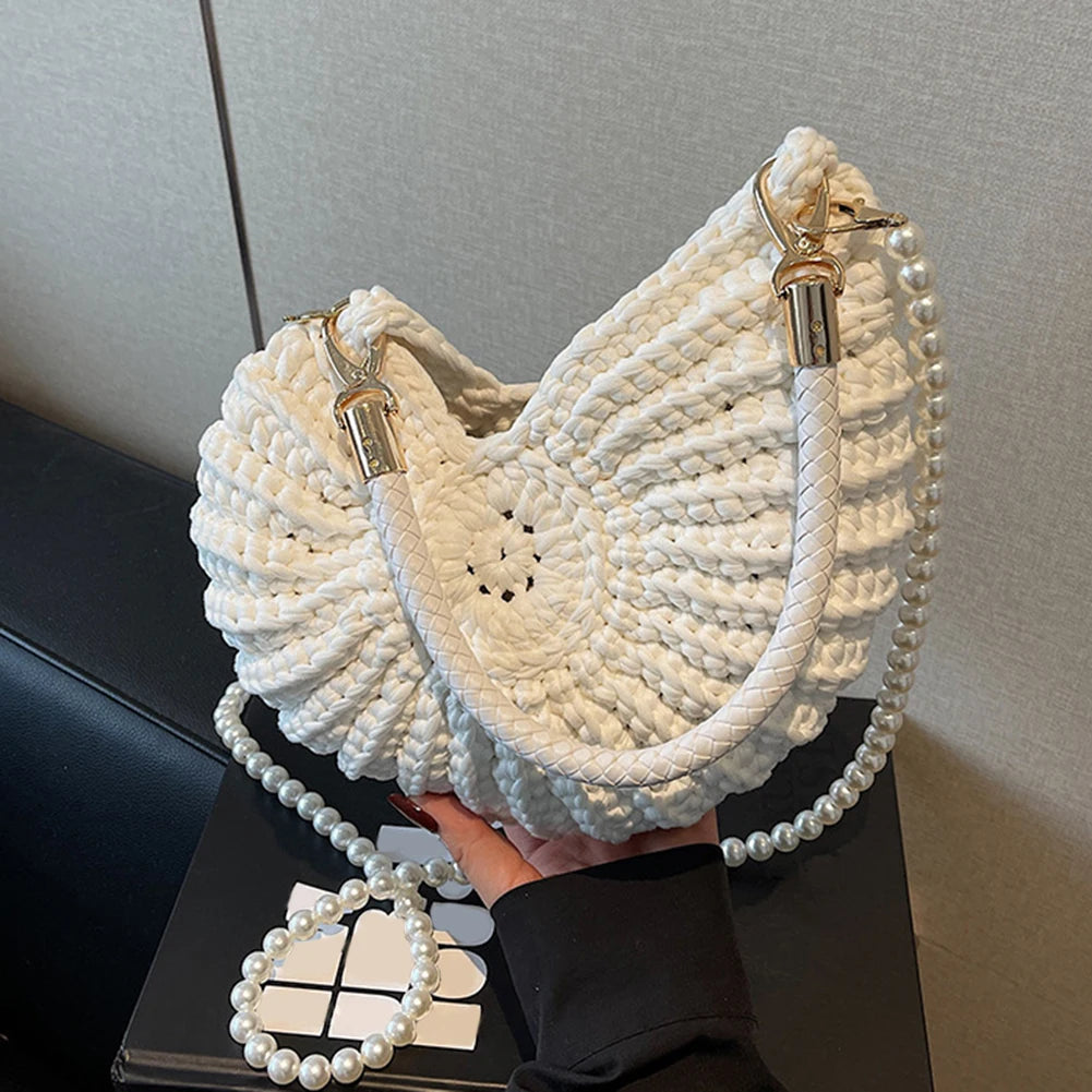 Handwoven Seashell Women Beach Shoulder Bag Solid Color Pearls Chain Crossbody Bag Multifunctional Novelty Small Handbags