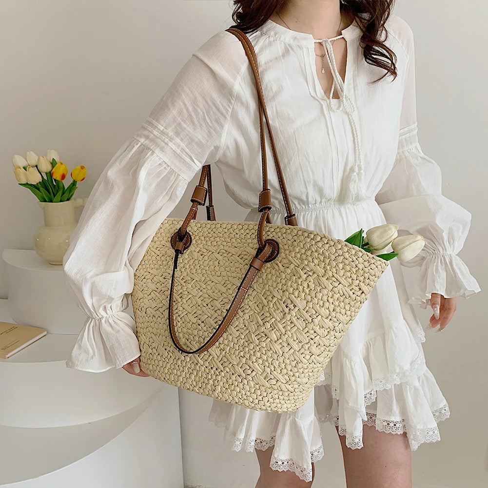 Women Woven Tote Bag Fashion Shoulder Bag Large Capacity Trendy Braided Bag Stylish Weaving Bag Chic Hobo Bag for Party Vacation