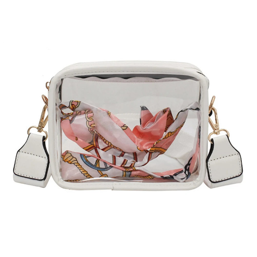 Transparent Shoulder Bag Stadium Approved PVC Envelope Crossbody Handbag Zipper with Silk Scarf Square Purse for Outdoor Travel