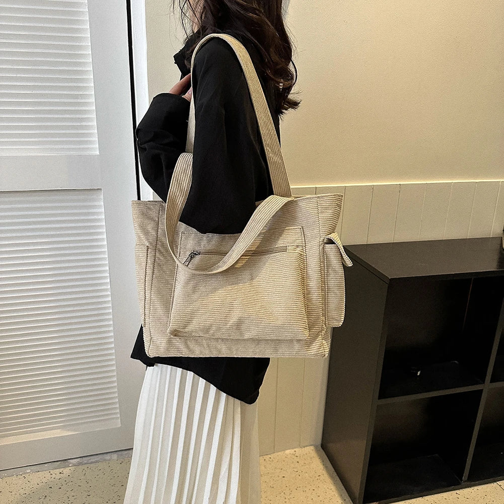 Women Corduroy Hobo Bag Large Capacity Casual Shoulder Tote Handbag Outer Pocket Satchel Bag Lightweight Shopping Bag