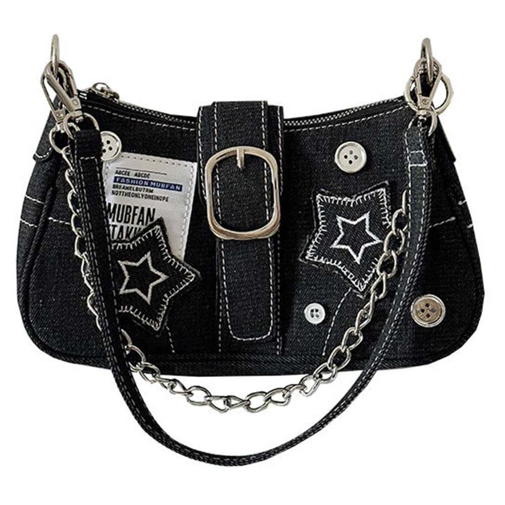 Women Casual Clutch Handbag Large Capacity Y2K Star Denim Underarm Bag Fashion Shoulder Bag Solid Color Chic Hobo Chain Bag