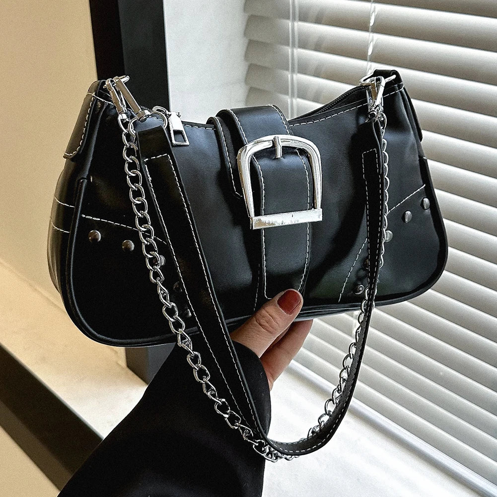 Women Armpit Bag Fashion Cool Style Crescent Bag Solid Color for Lady Girl Chic Large Bag with Chain Ornament