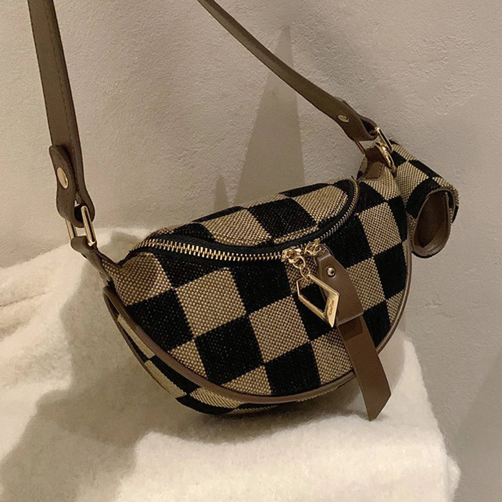 Women Men Canvas Shoulder Bag Adjustable Strap Fanny Pack Checkerboard Sling Bag with Zipper Chest Bag for Shopping Travel