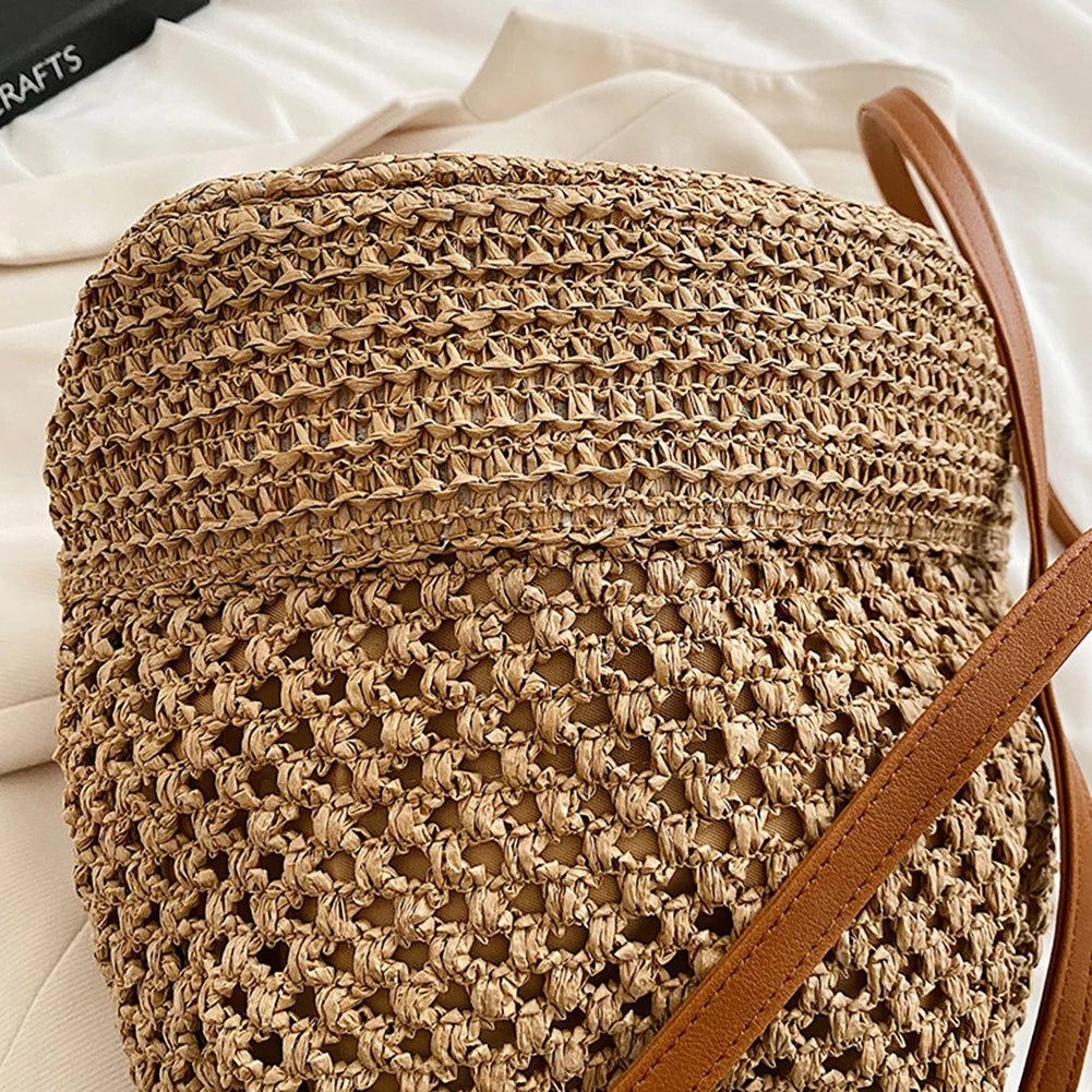 Summer Hand-Woven Handbag Drawstring Straw Beach Crossbody Bags Adjustable Strap Fashion Portable Elegant for Weekend Vacation
